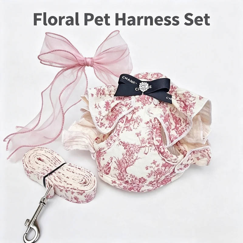 Pet Harness Leash Set Floral Pattern Bow Rhinestone Decor Adjustable Soft Vest Harness for Small Dogs Cats Puppy Outdoor Daily