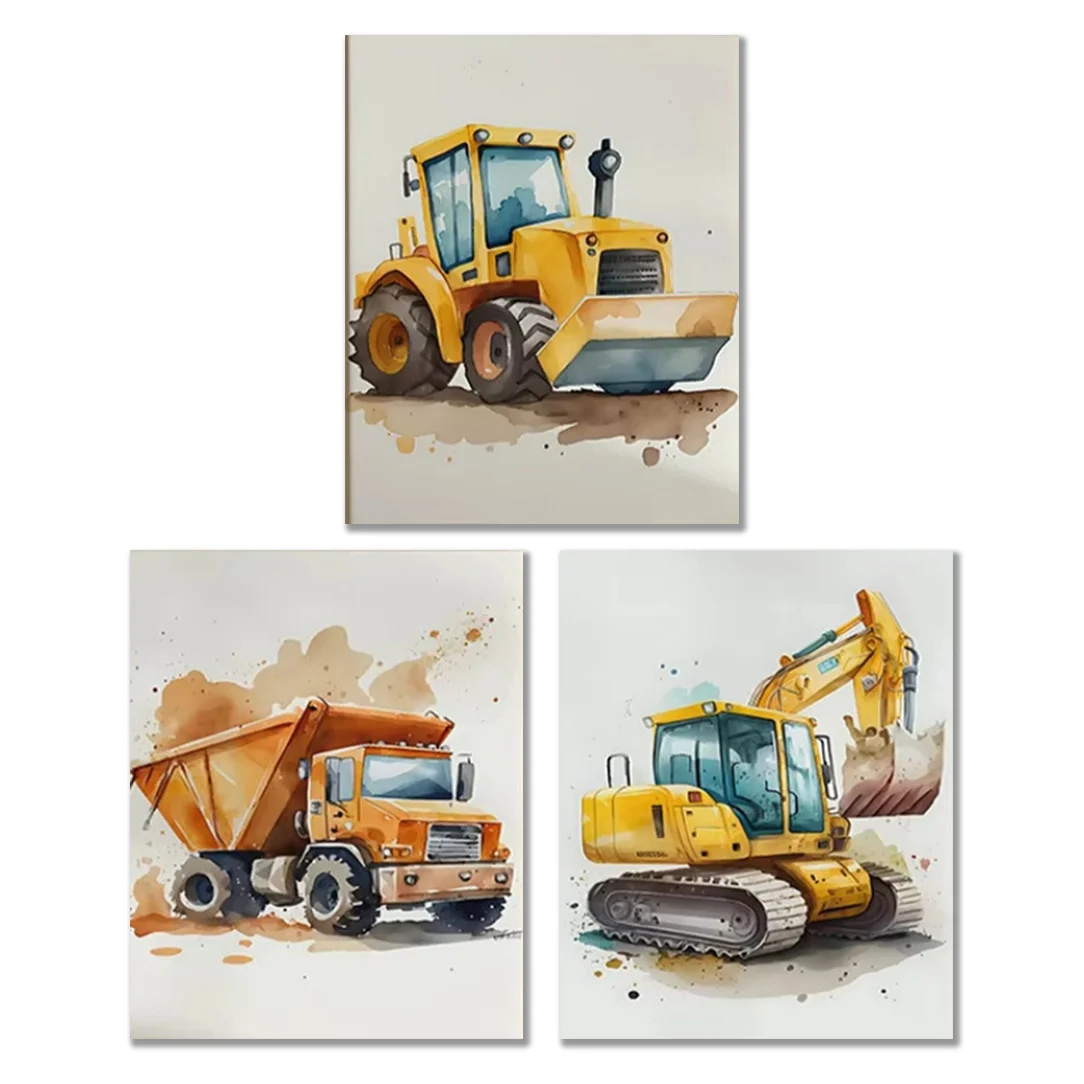 （NoFrame 3pcs）-3pcs Modern Watercolor Engineering Vehicle Wall Art Set - Bulldozer & Excavator Posters for Classroom Decor, F