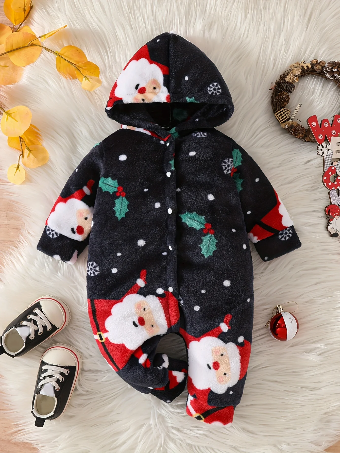 Baby 0-2 years old Autumn/Winter Christmas Cute Snowflake Santa cartoon pattern hooded furry crawling suit