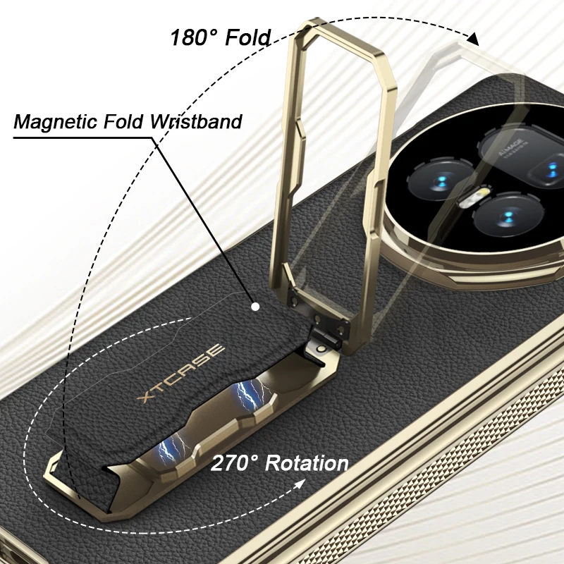 Magnetic Hinge Plating Case For Honor Magic V5 Leather Fold Stand Wristband Screen Glass Protective Cover For Magic V5 Case