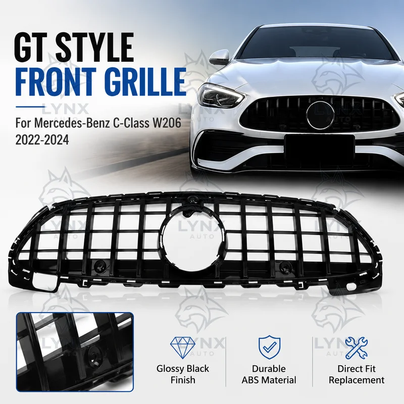 For Mercedes-Benz C-Class W206 2022-2024 Glossy Black GT Vertical Bar Front Bumper Grille GTR Style Direct Replacement