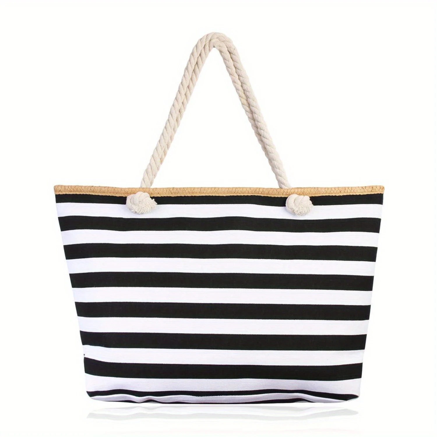 Striped Canvas Tote Beach Bag With Zipper Closure And Rope Handles, For Travel & Shopping