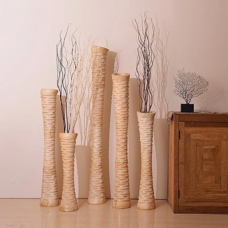 Simple floor-to-ceiling flower arrangement vase, large dried flower tube in the living room, wooden art deco flower ware in the