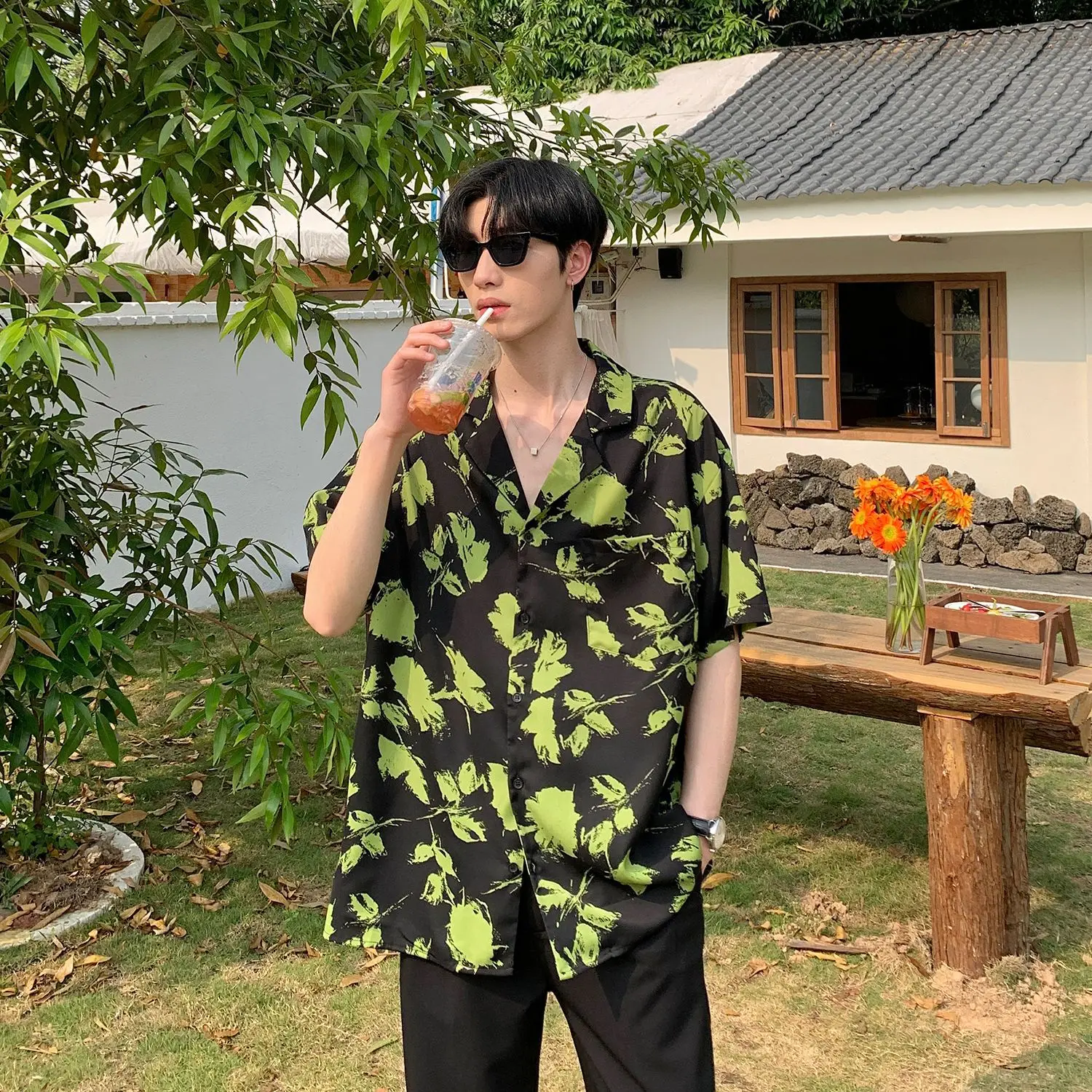 Retro Cuban Collar Vacation Short Sleeve Floral Shirt Men Summer Loose Casual Couple Shirt