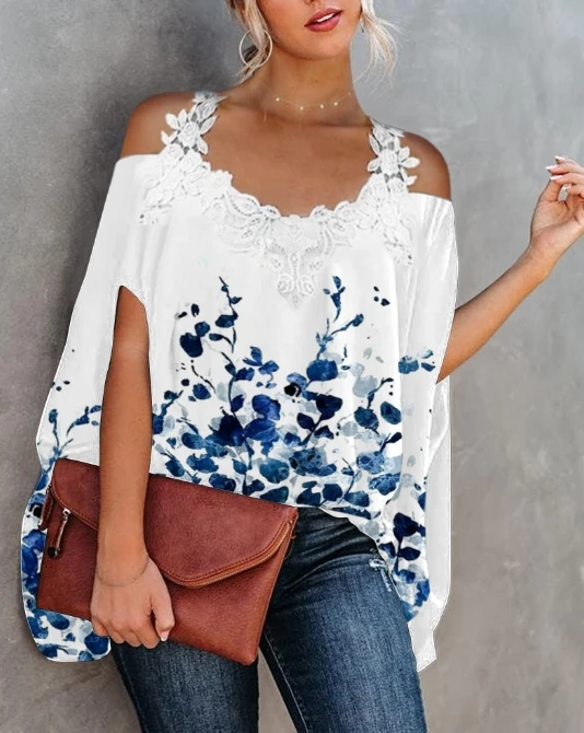 

Women's Fashion T-Shirt 2024 Spring Summer Latest Lace Ribbon Spliced Off Shoulder Top Commuting Irregular Bat Sleeve Blouses