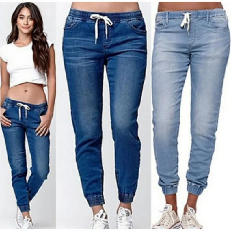 Spring Summer Women's Jeans Tie Wash Cinched Foot Balloon Denim Pants