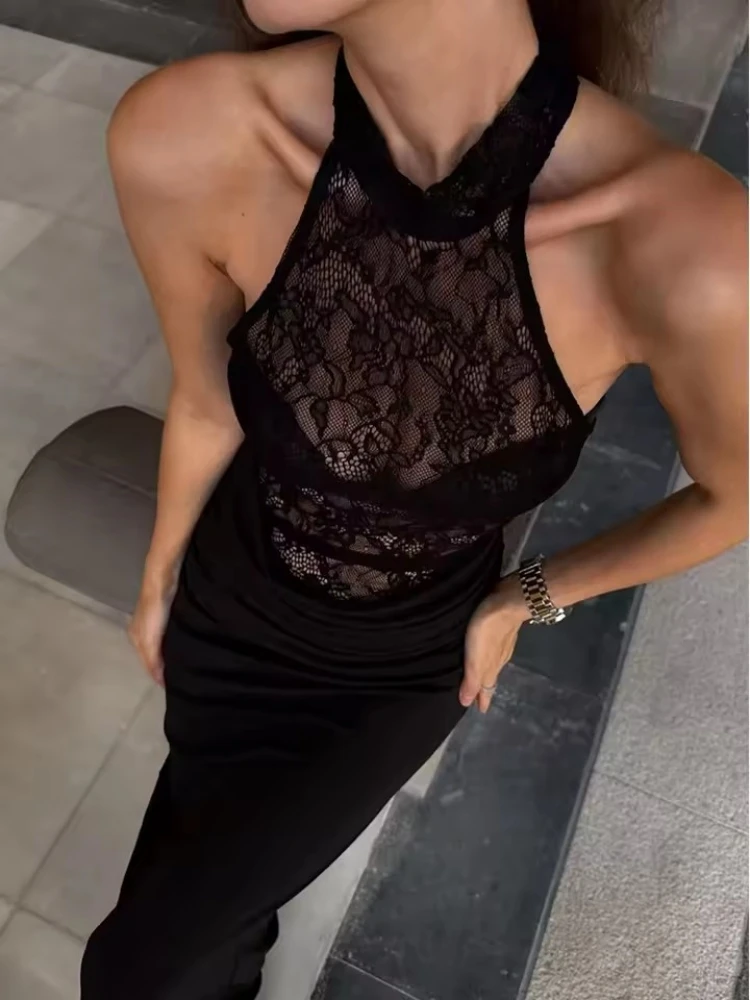 Sexy Spitze Patchwork Aushöhlen Ärmelloses Schwarzes Maxi Kleid Frauen Chic Halter-Backless Party Kleid Weibliche Club Abendkleid
