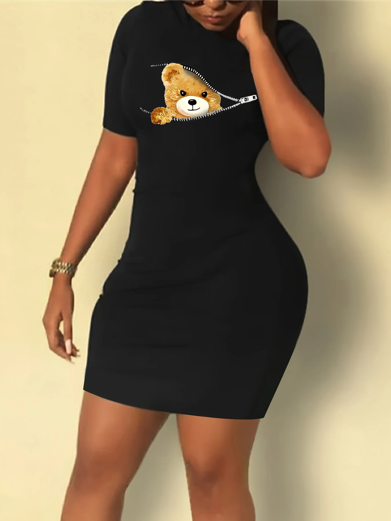 Summer women's BEAR cartoon print casual  Bodycon Dress with Crew Nec slim fit short sleeved round neck T-shirt short mini dress