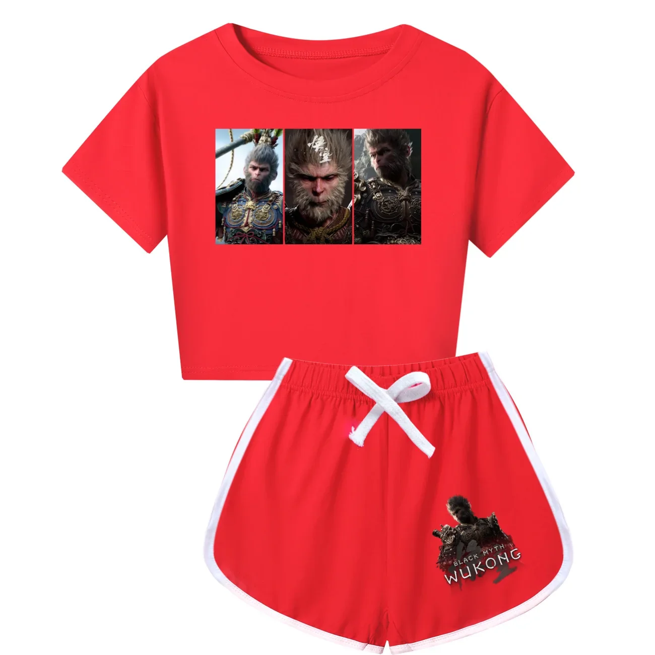 Girls Short Sleeves T-shirt + Shorts 2PCS Set Black Myth Wukong Game Clothes Set Baby  Boys Summer Children School Outfits3744