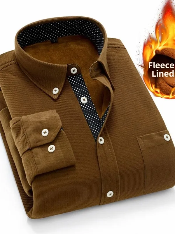 

Мужская теплая рубашка из вельвета с флисовой подкладкой, приталенного кроя, в корейском стиле, однотонная, в полоску, для осени и зимы