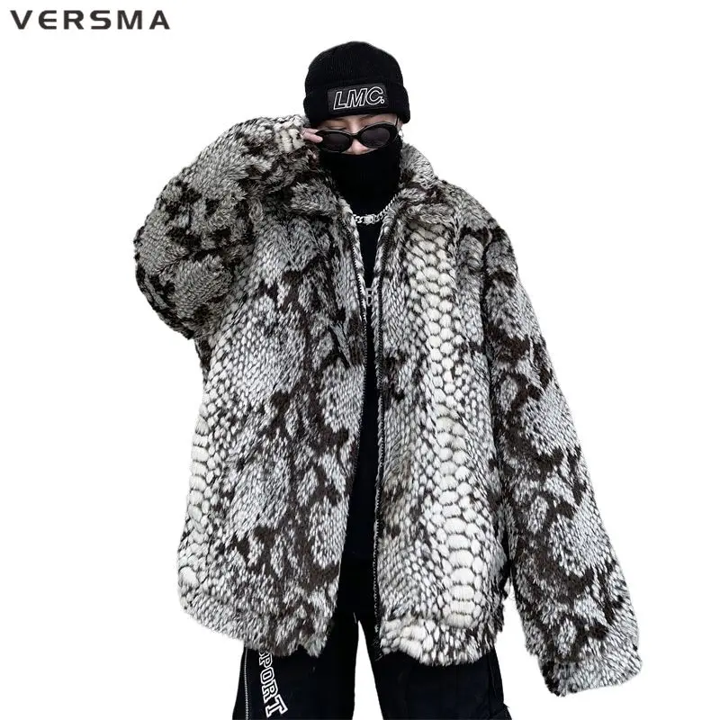 

VERSMA Korean Style Faux Fur Oversized Women Jacket Coat Winter Velvet Chic Streetwear Snakeskin Pattern Men Parkas Dropshipping