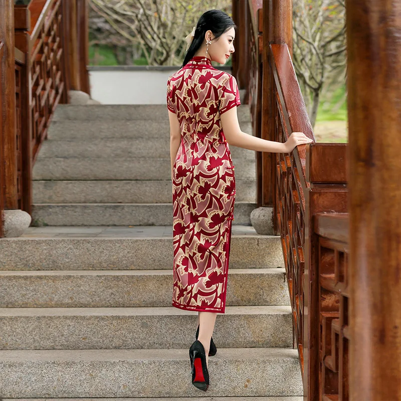 Vintage Burgundy Qipao Traditional Chinese Dresses Women Mandarin Collar Cheongsams High Quality Silk Party Dress Slim Vestidos