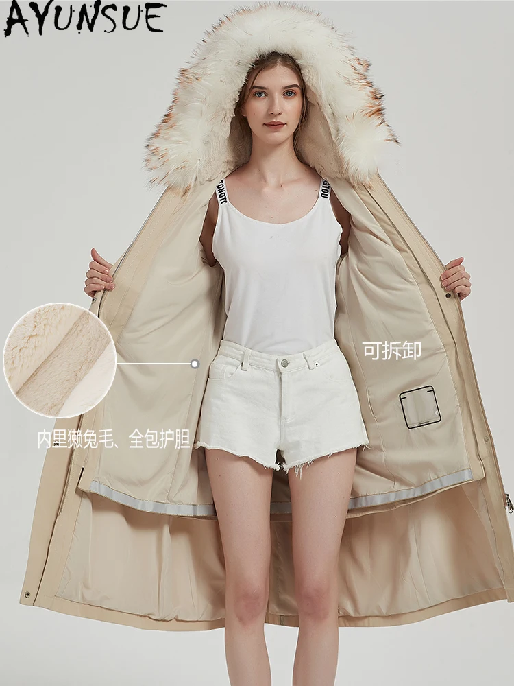 سترة نسائية من فراء الأرانب من AYUNSUE ريكس لعام 2025 معاطف من الفرو الحقيقي ملابس شتوية للسيدات بياقة من فرو الراكون وبطانة من فراء الراكون قابلة للفصل