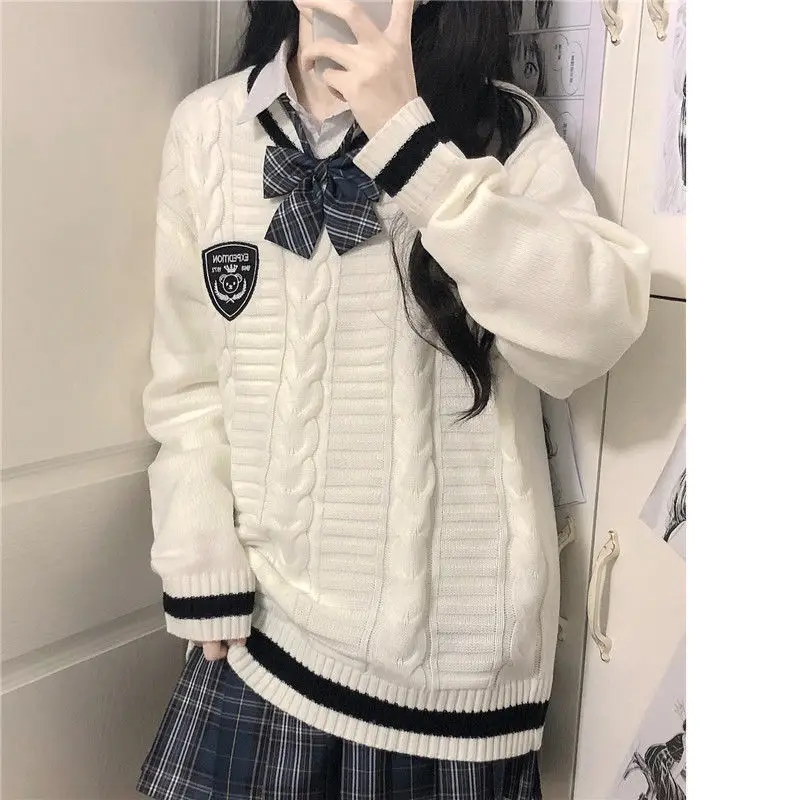 New 2022 Japanese Wear Pullover Jk Sweater Loose V-neck Regular Long Sleevesstudent Hollow Out Knitting Loose Women Pullover XXL