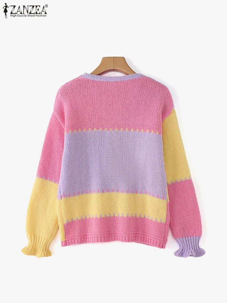 ZANZEA سترات نسائية محبوكة مرقعة ملونة موضة 2025 سترات تريكو بأكمام طويلة للخريف ورقبة على شكل حرف v سترات فضفاضة غير رسمية #3