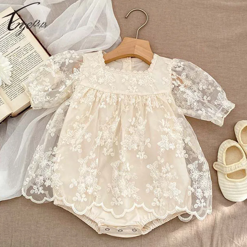 

2023 Summer Infant Embroidery Clothes Baby Girl Rompers Princess Bodysuit Solid Color Girls Jumpsuits Sweet Toddler Clothing