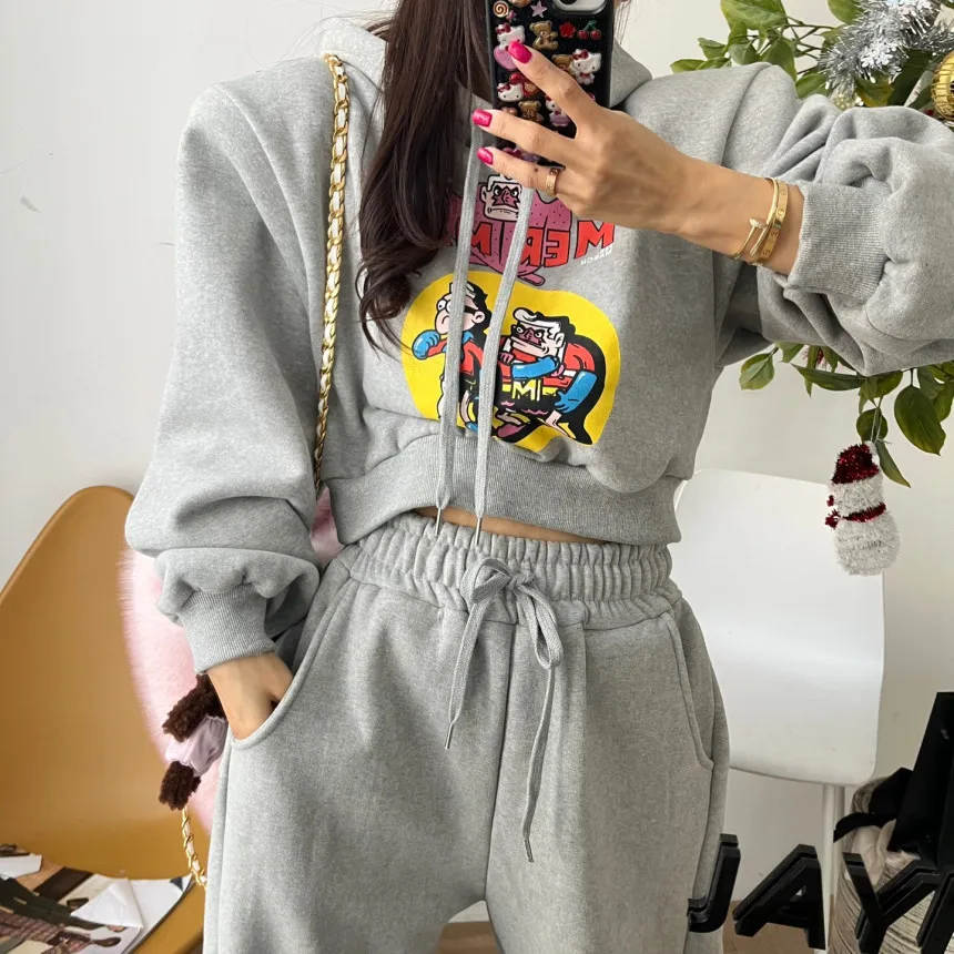 

Hsa Thick Velvet bf loose lazy style internet celebrity fashion sweatshirt set two piece set Hooded Cartoon Winter Spring Sets