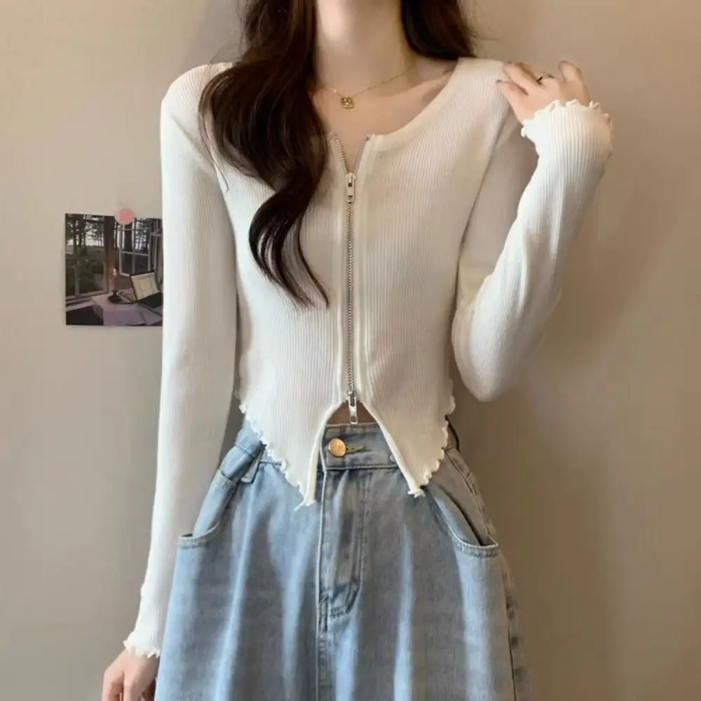 

Fashion Irregular Rib Knitted Cardigan Slim Fit Jacket Crop Tops Women Sun Protection Spring Fall Double-zipper T-shirt Holiday