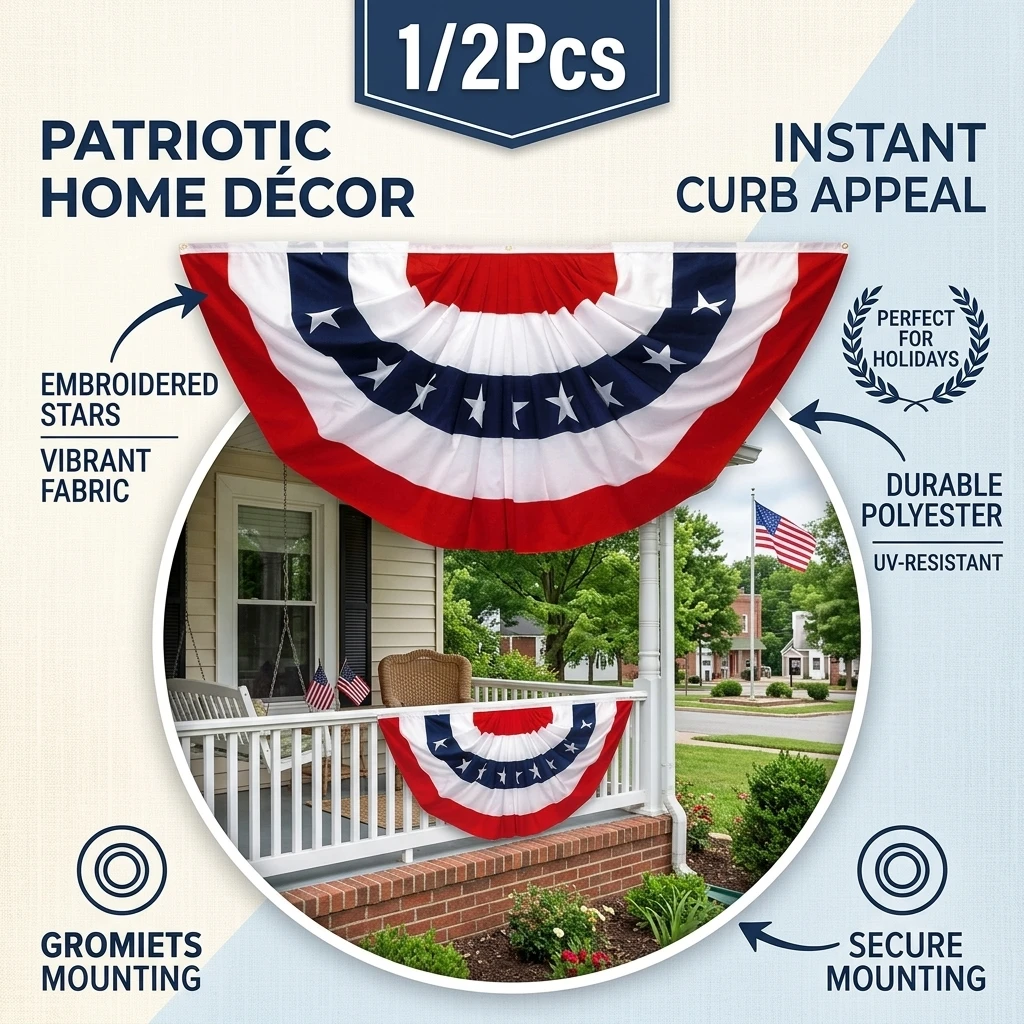 1/2Pcs American Flag Bunting Outside 3x6 1.5x3 FT Red White Blue USA Pleated Fan Flag Patriotic Decorations Presidents Day Banne