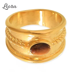 Liora 316L Stainless Steel Charm Rings For Women Tiger's Eye Blue Turquoise Stone Fashion Finger Rings Waterproof Jewelry
