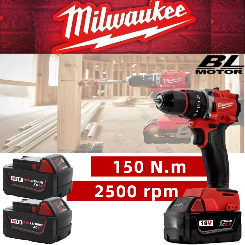 

Milwaukee Cordless Impact Drill Brushless Electric Drill 20+3 Torque Hammer Multifunctional Power Tools with Battery M18