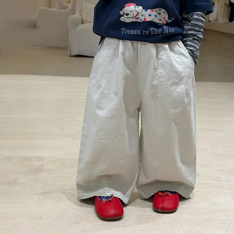 Baby Girl Autumn Casual Pants Forest Style Atmosphere Versatile Kindergarten Girls Lace Wide Leg Pants
