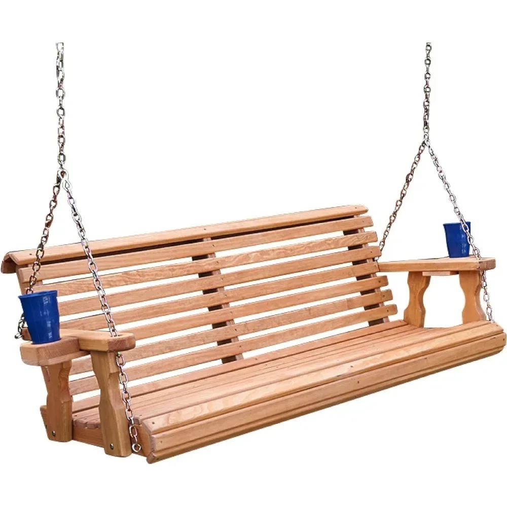 4 Foot Roll Back Porch Swing with Cup Holders in Cedar Stain - Amish Made in The USA from Treated Pine