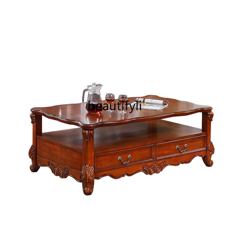 

American-Style Solid Wood European-Style Tea Table Retro Rectangular 1.35 M Square Table Atmospheric Carved Kung Fu Tea Table