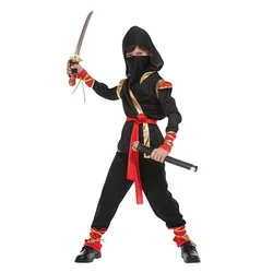 Boys Ninja Warrior Costume Halloween Samurai Set with Hooded Long Sleeve, Mask and Red Belt - Boys Girls Party Costumes