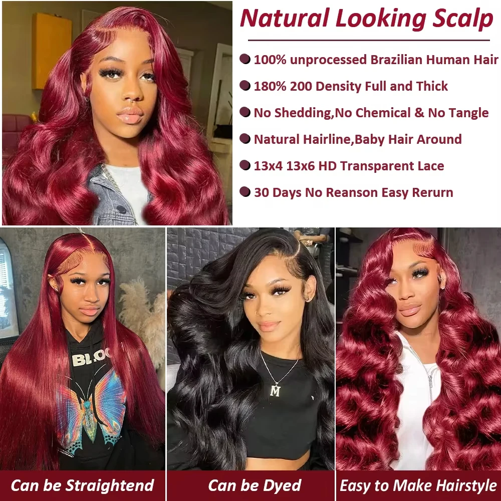 Wig Depan Renda Hd Gelombang Tubuh Burgundy 99j Kepadatan 250 13X6 100% Rambut Manusia 30 40 Inci 13X4 Wig Renda Depan Wig Berwarna Merah Anggur