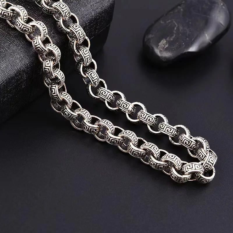 Vintage Gothic Men Punk S925 Sterling Silver Fret Pattern Chockers Chain Necklace for Male Hip Hop Party Jewelry Accessories