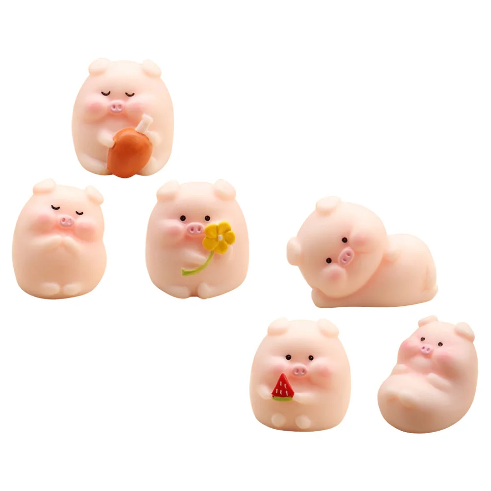 6 Pcs Piggy Car Ornaments Animal Model Figurine Mini Statue Micro Landscape Decoration Adorable Resin Desktop