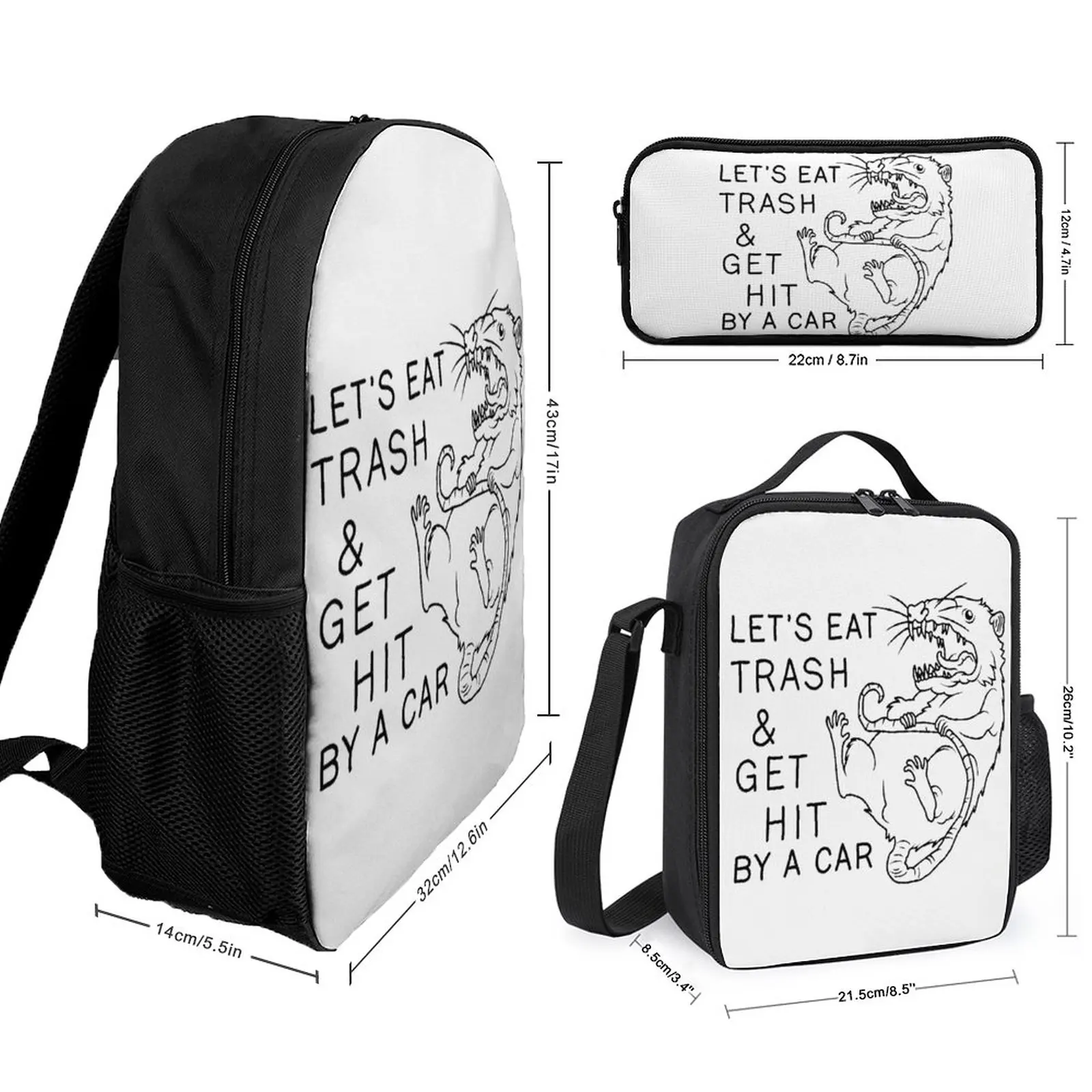 Let's Eat Trash And Get Hit by A Car 12 3 in 1 Set 17 Inch Backpack Lunch Bag Pen Bag  Lasting Lunch Tote Comfortable  Picnics V