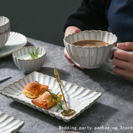 Nordic Style Retro Chrysanthemum Kiln Glazed Ceramic Tableware Dish Plate Western Steak Fish Plate Rice Bowl Salad Coffee Cup