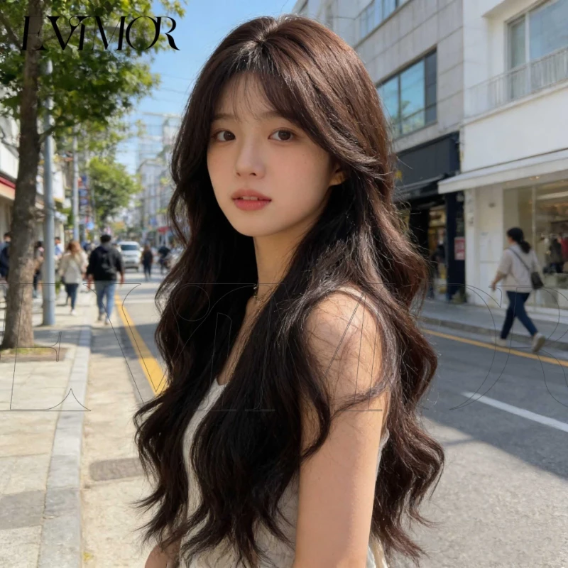 European American Fashion Women Full Wig, Natural Invisible Middle Bangs Long Big Wavy Hair Wig, Easy To Style