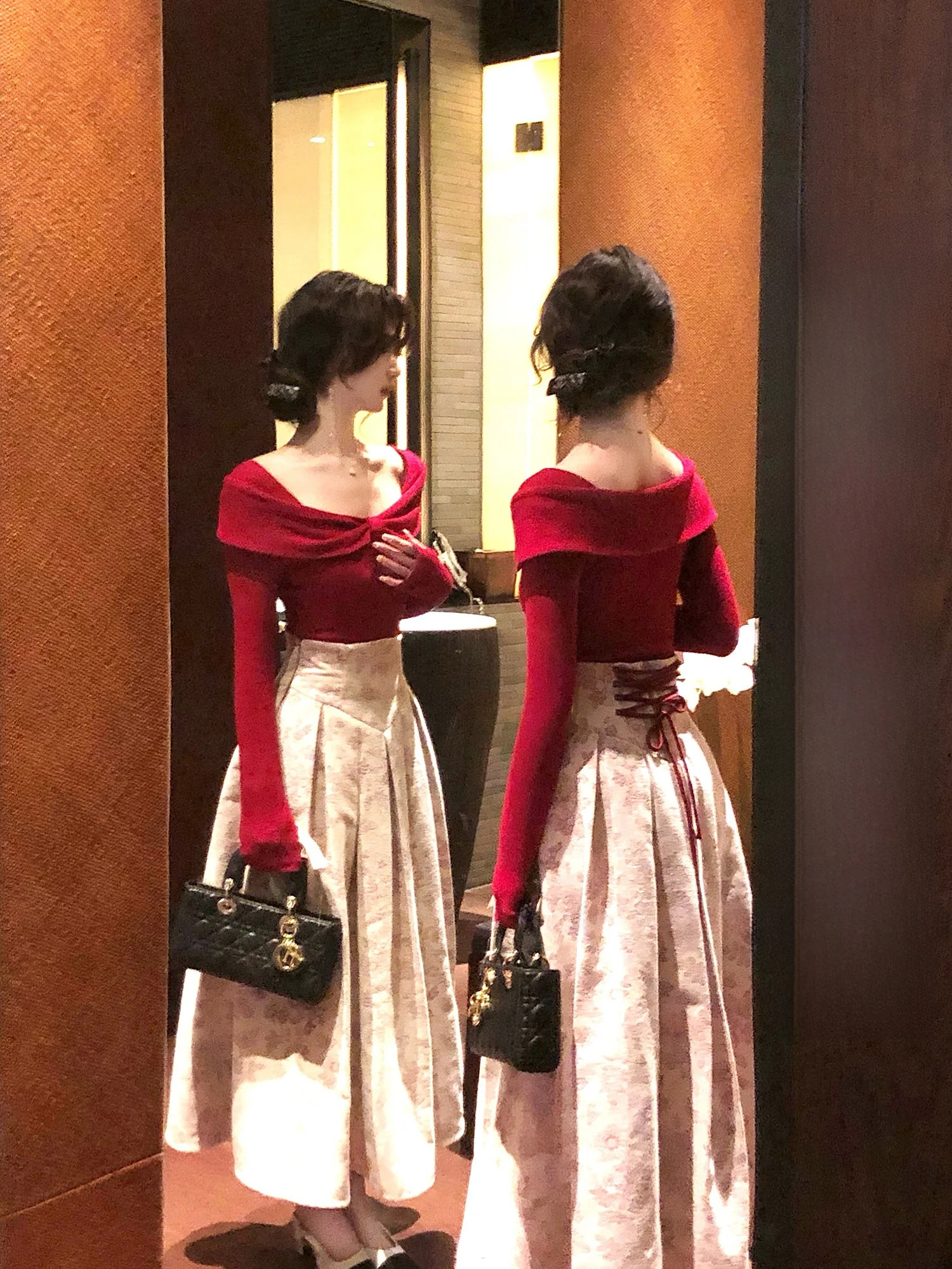 

Elegant Red Ballet Style High Waist Skirt And Top Set Women's Spring T-Shirt Long Skirt Set Fashionable Two-Piece Ensemble