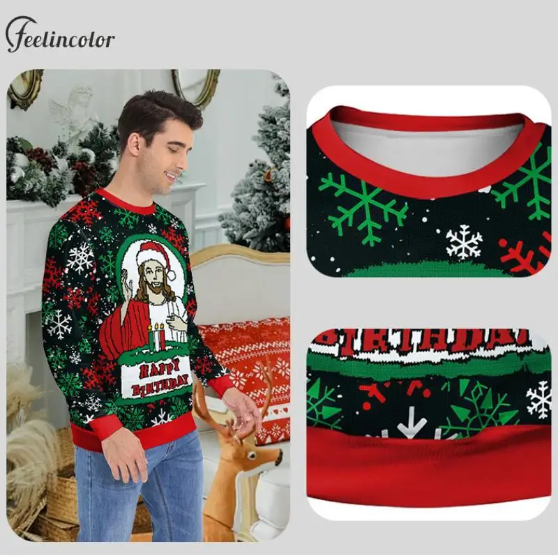 Jesus Birthday Christmas Graphic Sweatshirt for Men Xmas Dog Elk 3D Print Pullover Family Matching Hoodies Autumn Couple Clothes