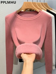 Suéter de malha de veludo luxuoso de manga comprida feminino, pulôver rosa, tops com o pescoço, jumper fino, grosso, quente, malhas, inverno