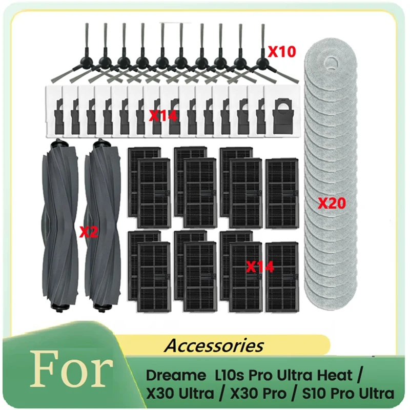 

60PCS Roller Side Brush Filter Mop Dust Bag For Dreame L10s Pro Ultra Heat/X30 Ultra/X30 Pro/S10 Pro Ultra Vacuum Parts