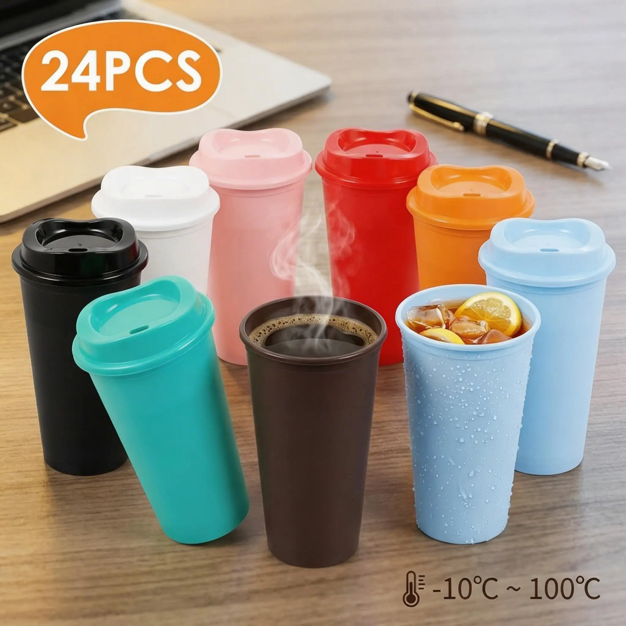 24 Kaffeetassen mit Deckel, 16 Unzen, To Go Kaffeetasse mit Deckel, wiederverwendbare Plastikbecher für eisamerikanischen Kaffeegetränke, Saft oder 10 Stroh