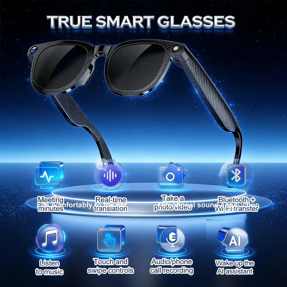 2025 AI Smart Glasses | 8MP Camera Video Recording, 100+ Languages Translation | Bluetooth Call & Music, Unisex Sunglasses