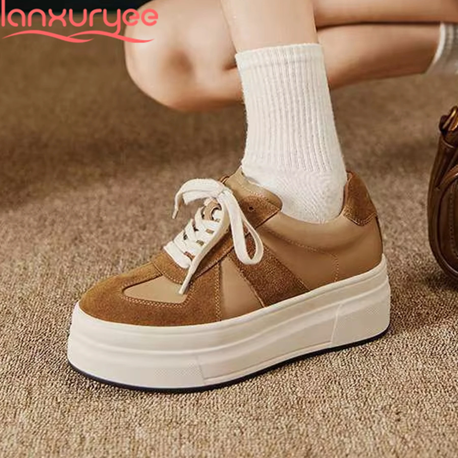 

Lanxuryee Cow Leather Lace Up Retro Casual Shoes Spring Sneakers Platform Mixed Colors Fashion Increasing Women Vulcanized Shoes