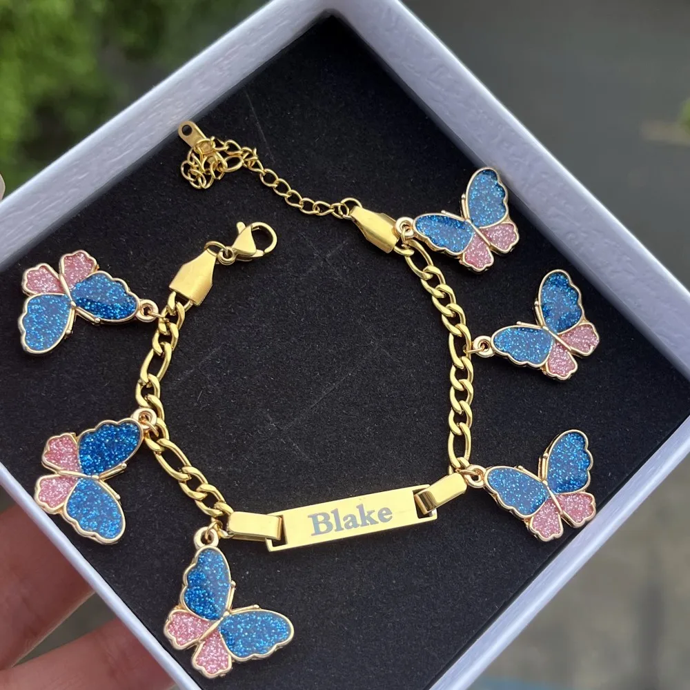 

DUOYING Butterfly Name Bracelet Customized Letters Personalized Charms Nameplate Chains Bracelet Stainless Steel For Kids