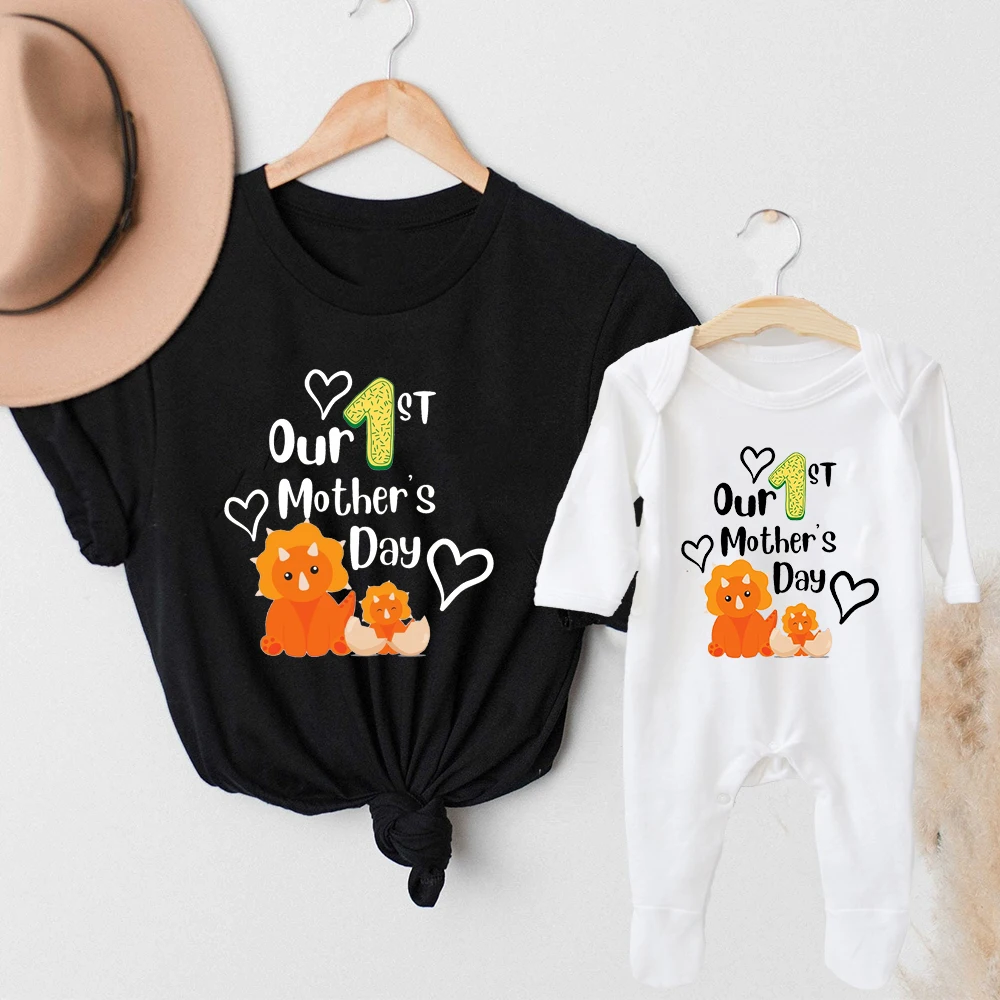 Our First Mothers Day Dinosaur Print Family Matching Shirt Mommy and Baby Clothes Mom T-shirt Babygrown Mother's Day Gifts