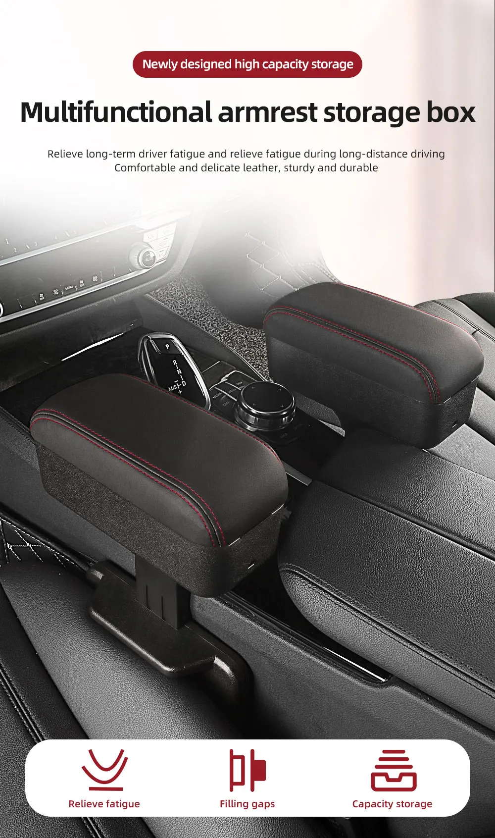 Höhenverstellbarer Lücken-Aufbewahrungsorganisator für die Mittelkonsole im Auto mit anhebbarem Tablett, Ellenbogenstütze, Armlehnenpolster für SUV-Limousine – Detail 1
