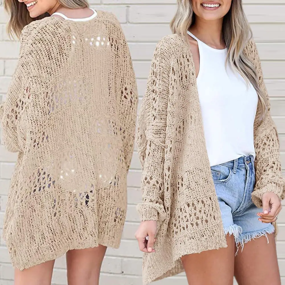 Solid Color Cardigan Stylish Women's Knitting Cardigan with Long Sleeves Open Front Design Hollow Detailing for Spring Autumn