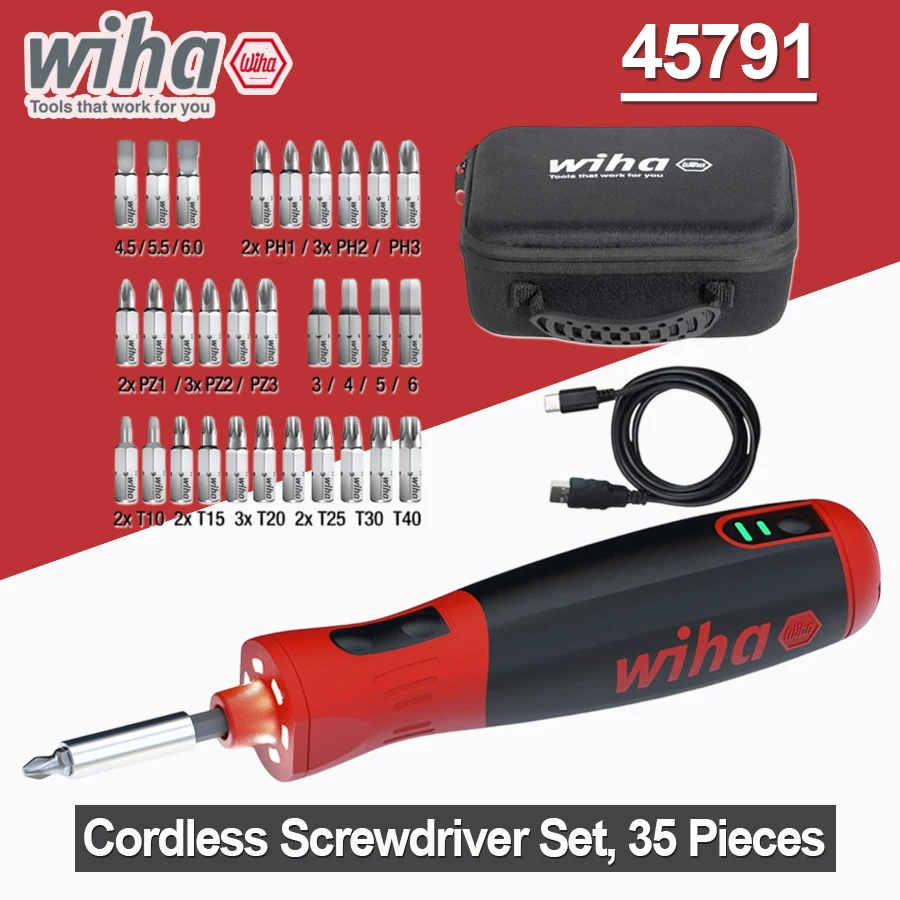 Wiha 35-in-1Cordless Screwdriver Set SpeedE PocketDrive with Screwdrivers Bit Set 1.0 Nm + 5.0 Nm Type-C Hand Tool NO.45791