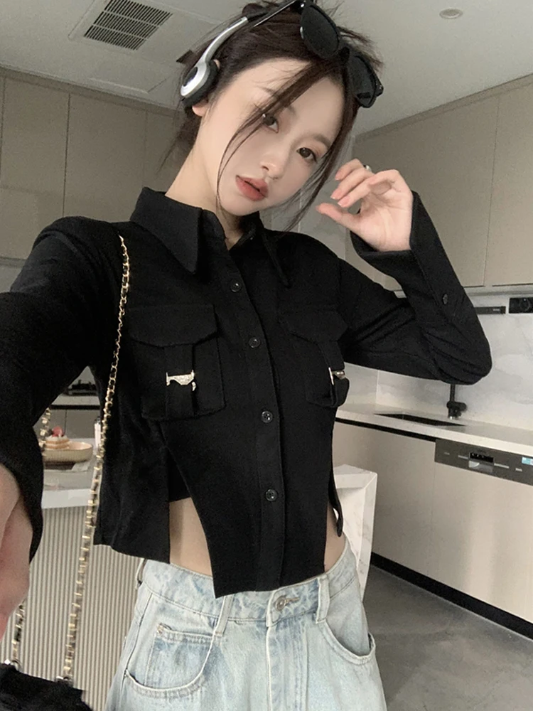 SONNEESD Autumn Tooling Irregular Shirt American Style Vintage Single-Breasted Harajuku Full Sleeve Slim Black Blouses Shirt