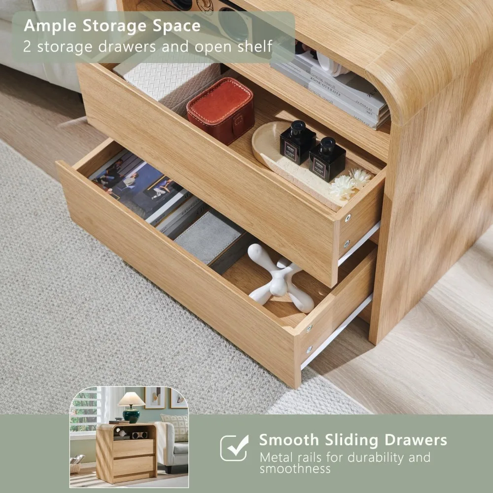 "25 Inch High Modern Nightstand with Charging Dock, 23.6 Inch Wide Wooden Bedside Table featuring Two Storage Drawers, Large Mid