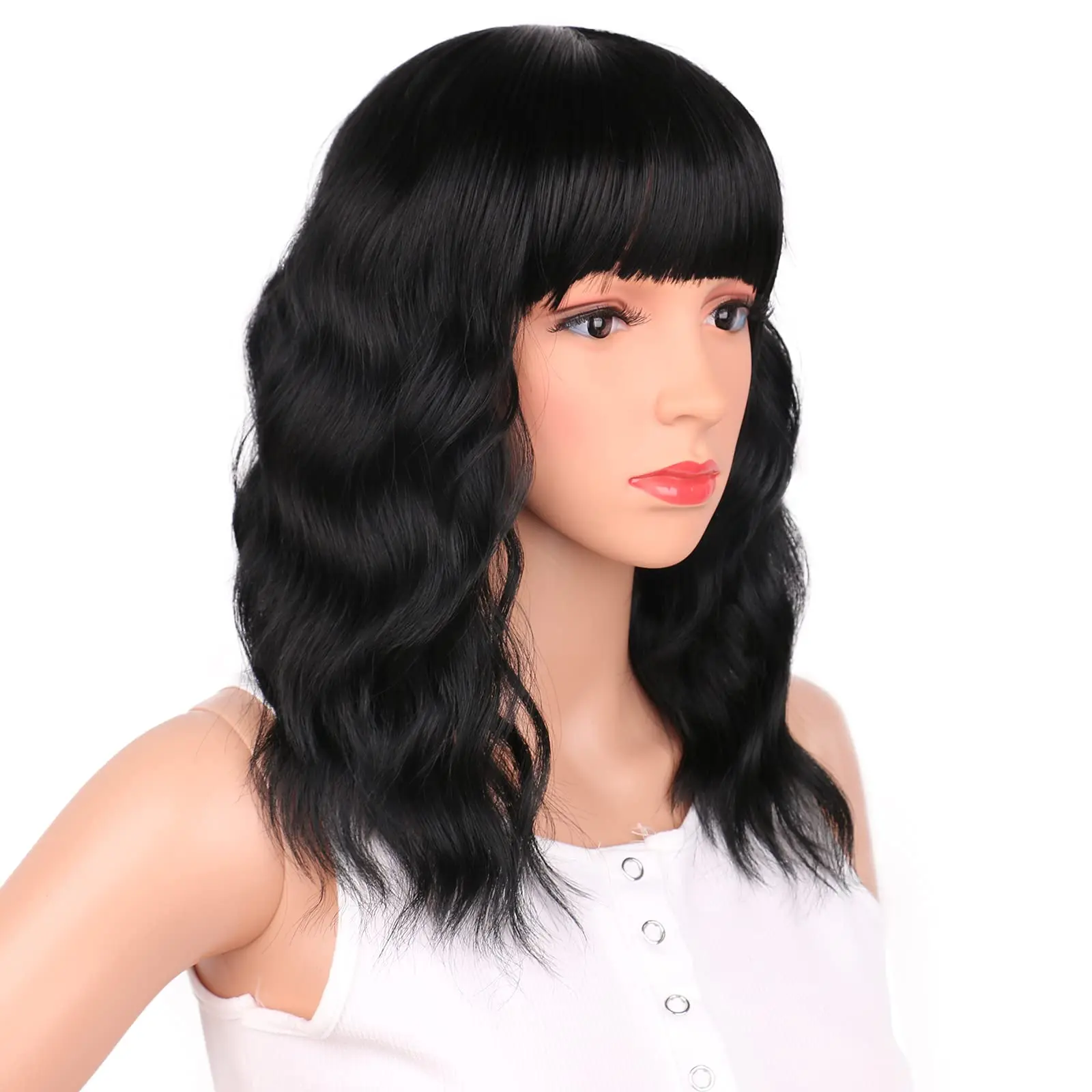 

Черный парик для женщин, 14 дюймов, короткие волнистые волосы, парик-боб с челкой, парик длиной до плеч, синтетический, термостойкий